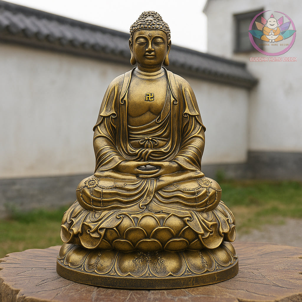 Amitabha Buddha Statue – Antique Bronze Resin Sculpture – Large Zen Meditation Decor, Buddhist Altar Ornament, Spiritual Gift