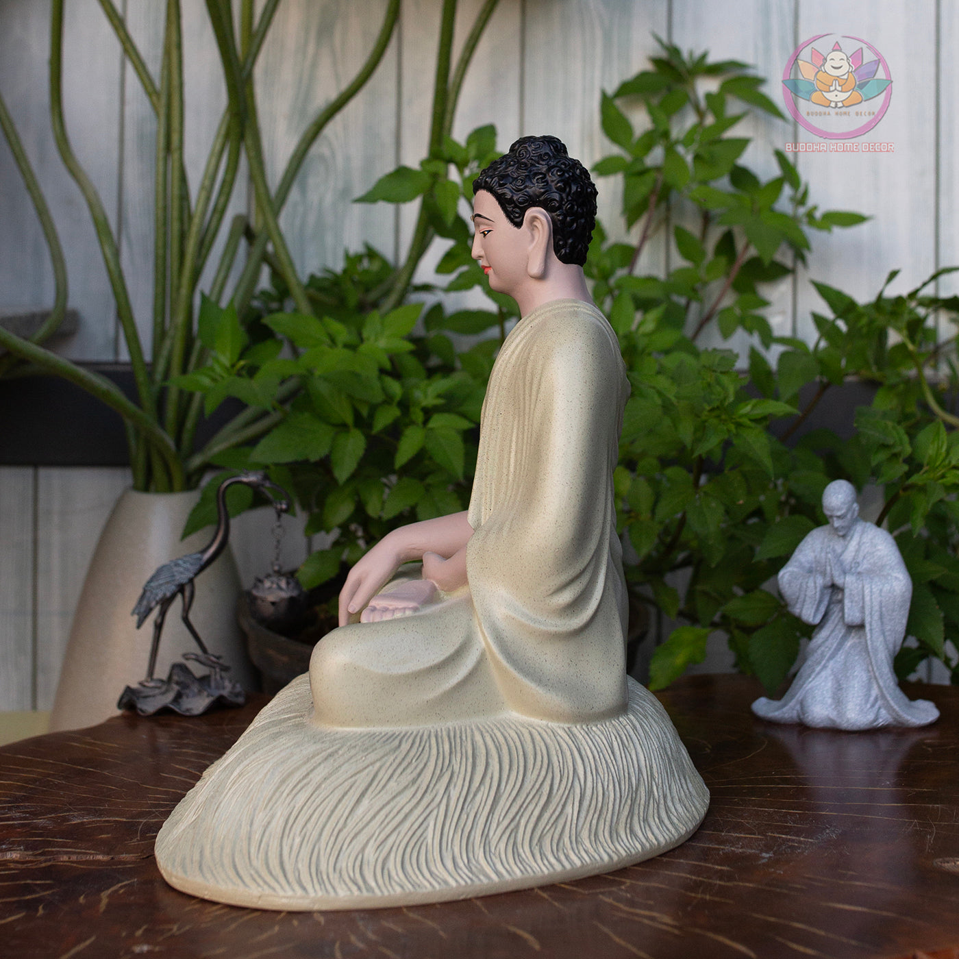 Cream White Shakyamuni Buddha Statue – 11.8" Resin Sculpture on Lotus Base | Elegant Buddhist Decor for Meditation & Home Altar