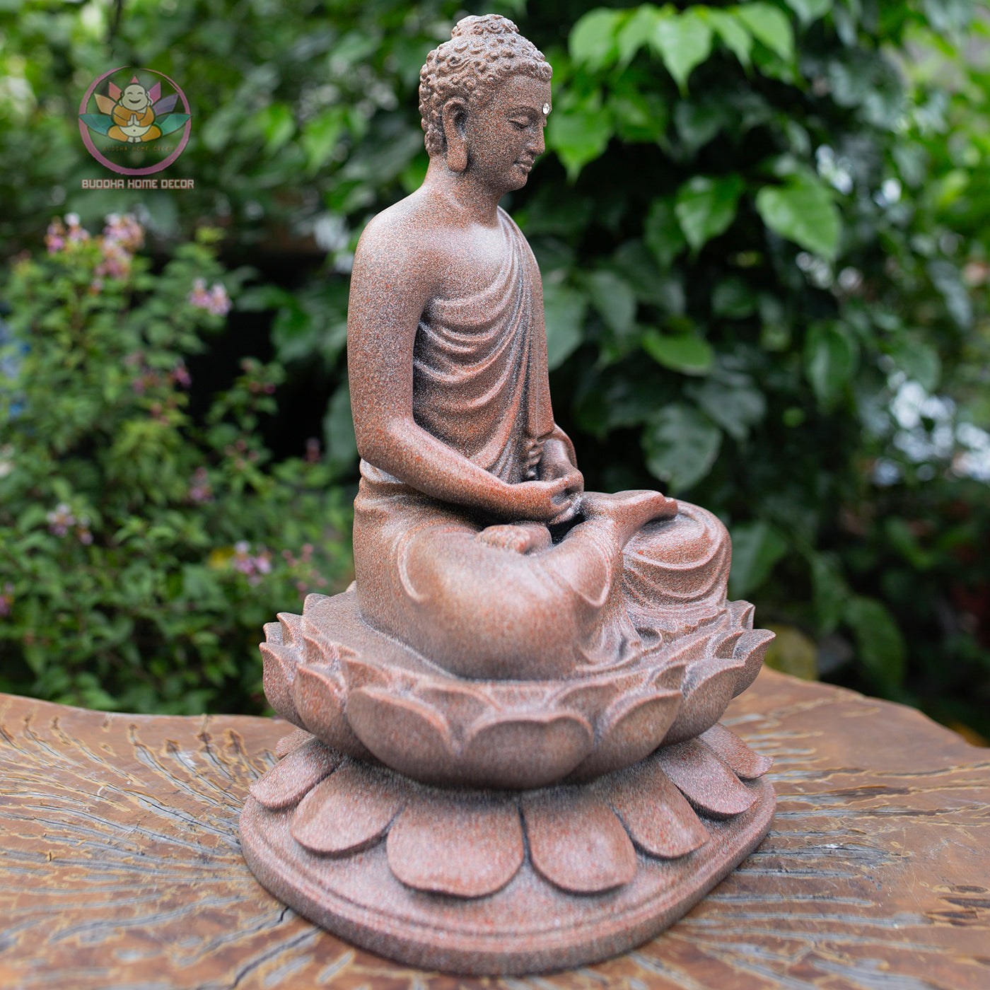 Shakyamuni Buddha Statue 12.6" – Antique Stone Finish Seated Buddha on Lotus Pedestal