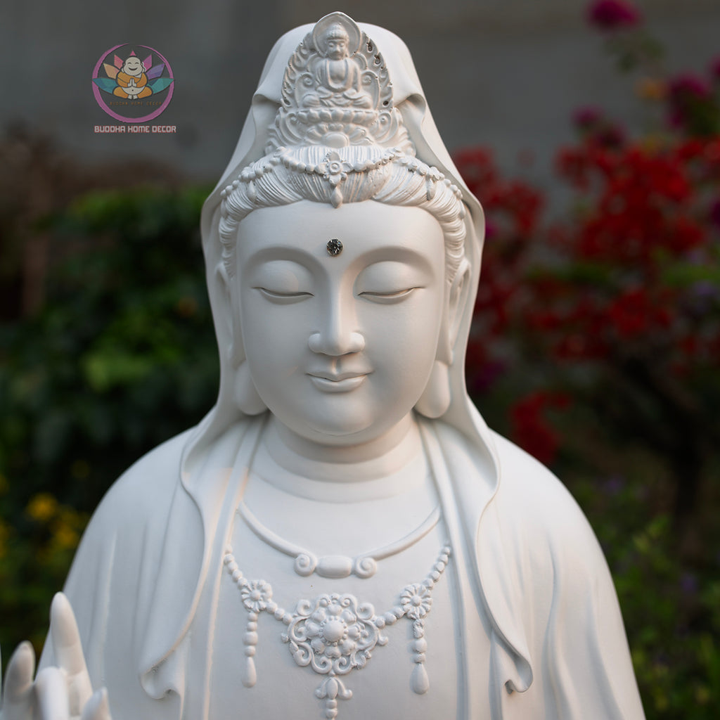 Large White Guanyin Bodhisattva Statue – Handmade Lotus Meditation Decor