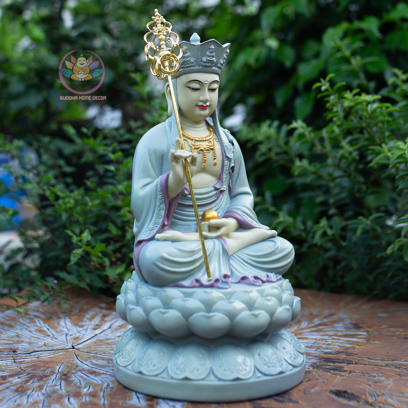Ksitigarbha Bodhisattva Statue 11.8" | Pastel Grey Finish with Gold Details | Buddhist Altar and Meditation Decor