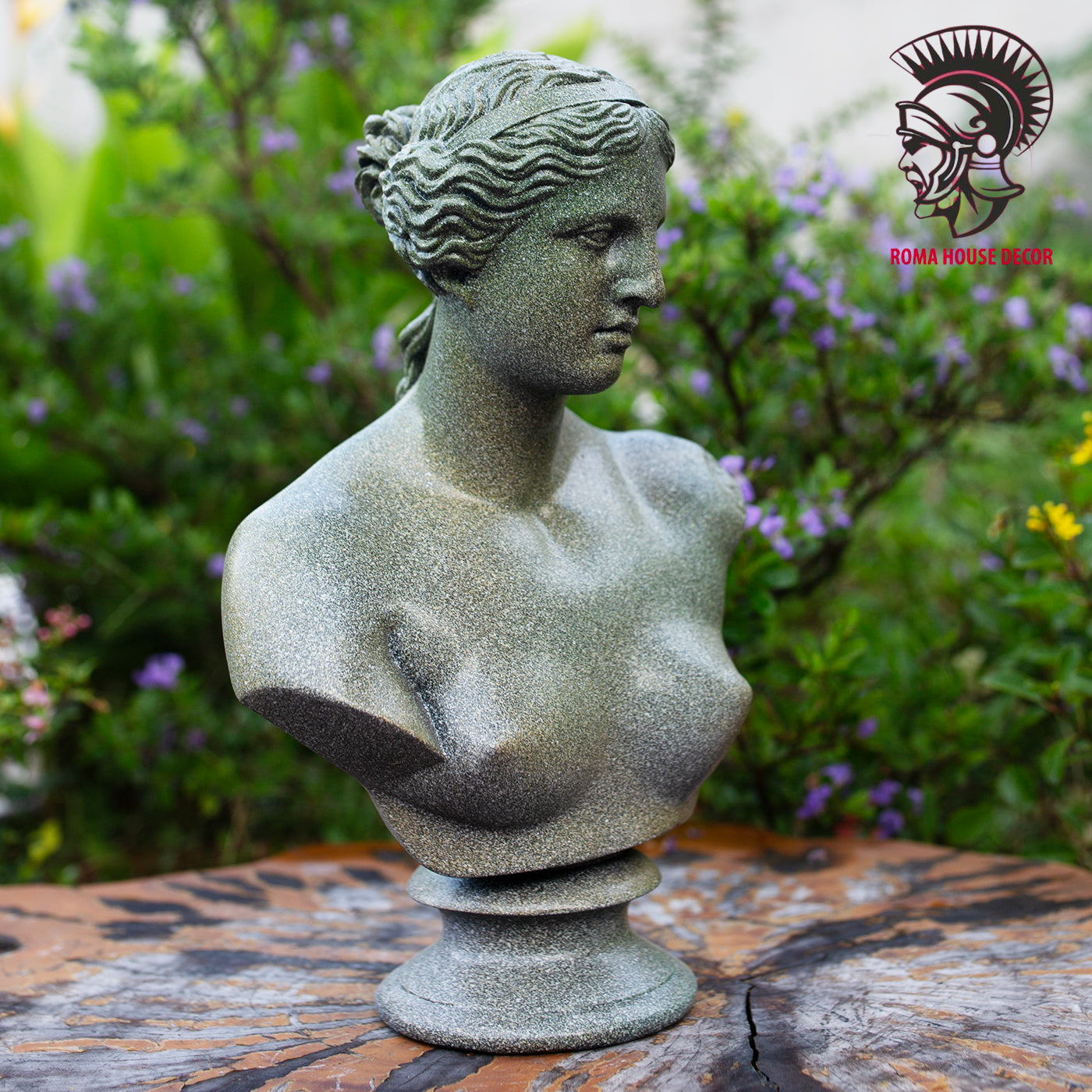 Venus de Milo Bust with Column Pedestal – Greek Goddess Sculpture Set, Green Stone Finish (11.8" & 13")