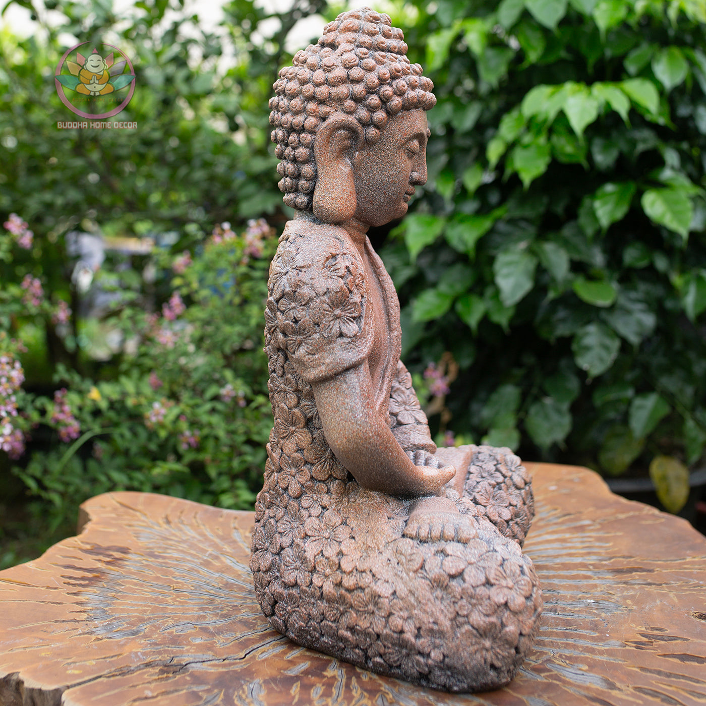 Floral Robe Seated Buddha 16.9" – Meditating Buddha Statue for Home & Garden Decor