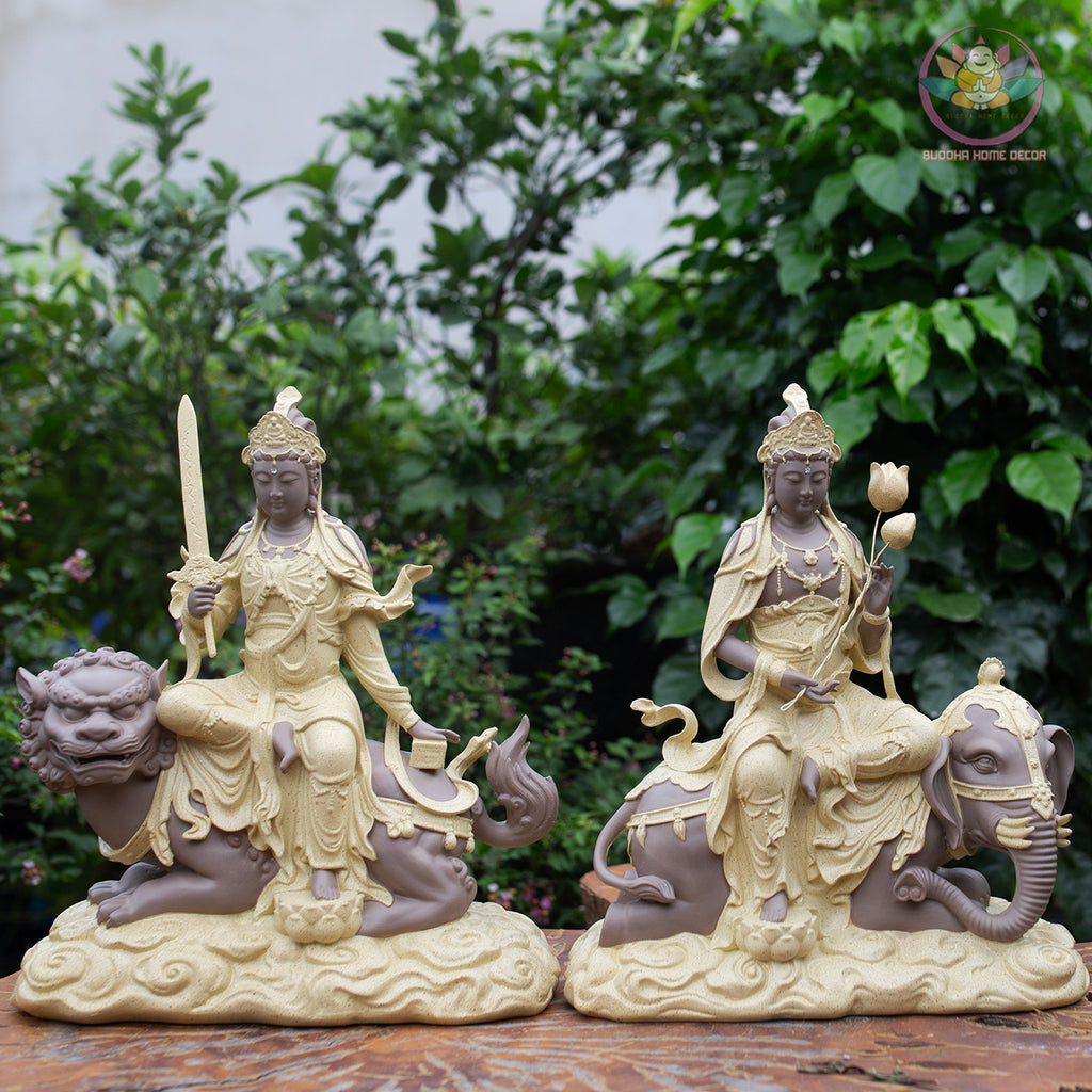 Manjushri Bodhisattva Riding Lion and Samantabhadra Riding Elephant Statue Set – Resin Buddhist Sculptures, Zen Home Altar Spiritual Decor