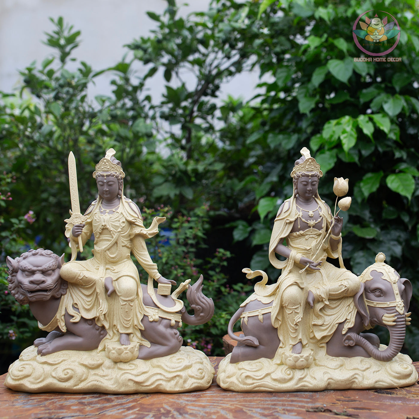 Manjushri Bodhisattva Riding Lion and Samantabhadra Riding Elephant Statue Set – Resin Buddhist Sculptures, Zen Home Altar Spiritual Decor