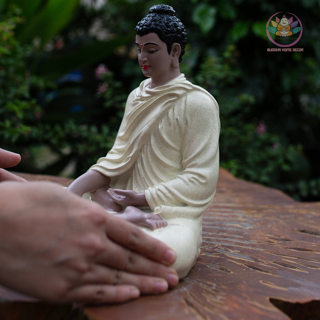 Yellow Buddha Statue 9.4" – Ceramic-Style Resin Meditation Figurine, Shakyamuni Sculpture, Zen Buddhist Altar Decor, Spiritual Gift