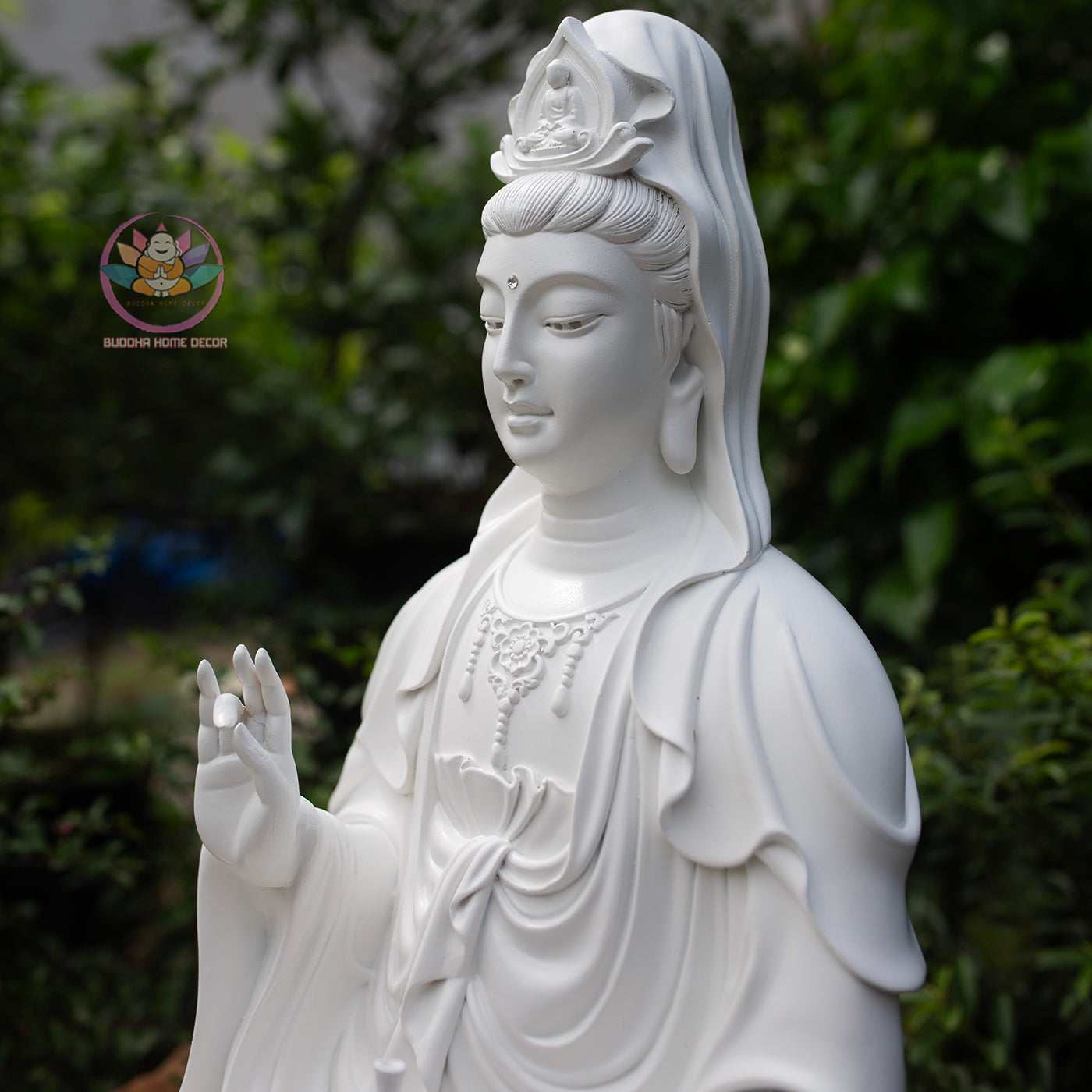 Seated Quan Yin Statue 18.5" | Composite Resin and Stone Powder | White Finish Guan Yin Bodhisattva