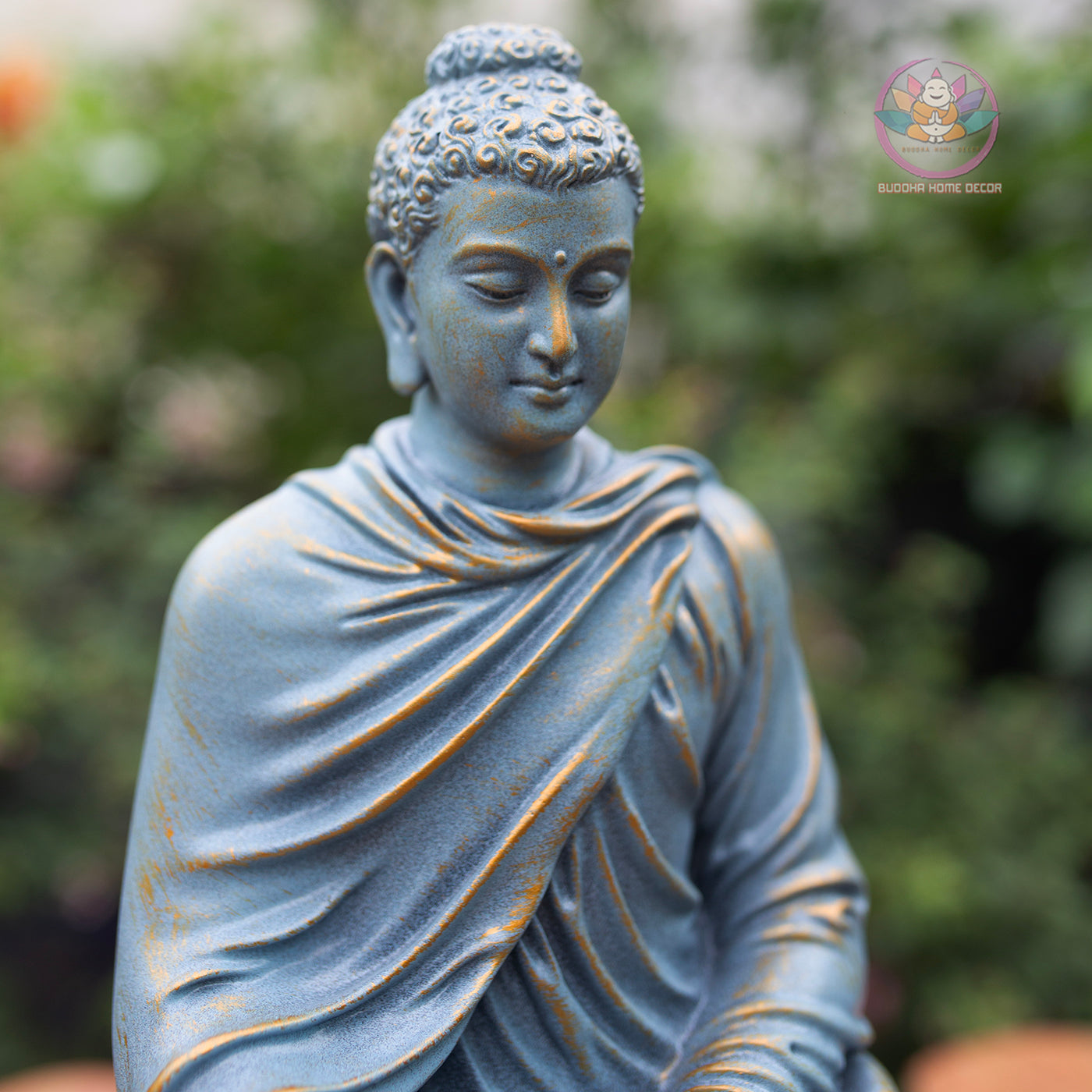 Shakyamuni Buddha Statue 11.8" – Antique Bronze Blue Resin Meditation Sculpture, Seated Buddhist Figurine, Zen Home Altar Spiritual Decor
