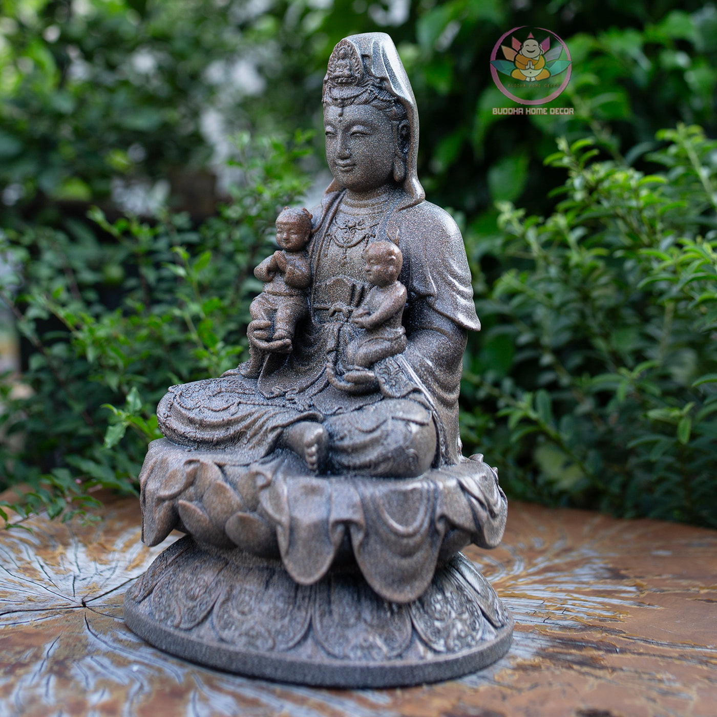 Quan Yin with Children Statue 11.8" | Granite Stone Finish | Guanyin Bodhisattva for Home Altar and Decor