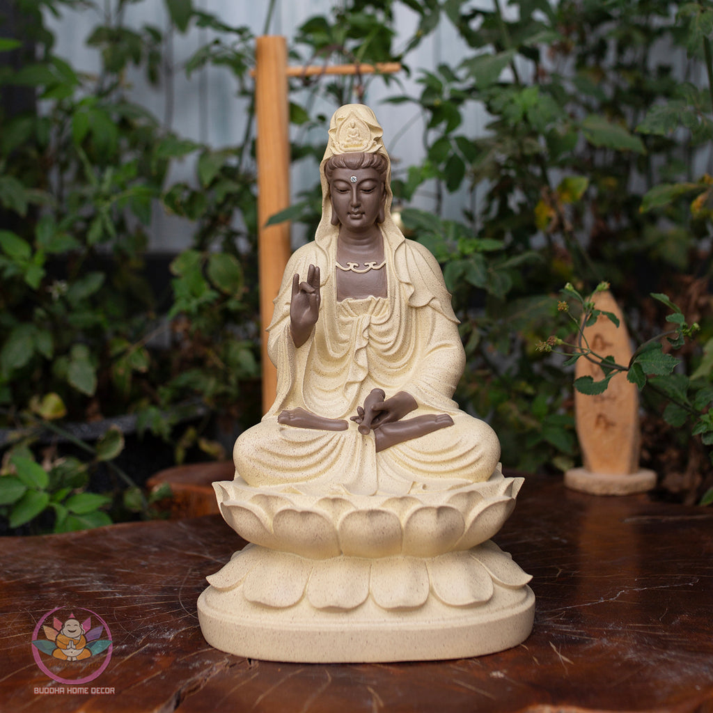 Yellow Robe Guanyin Statue – 11.8" Avalokiteshvara on Lotus Base | Kwan Yin Resin Sculpture for Altar & Zen Decor