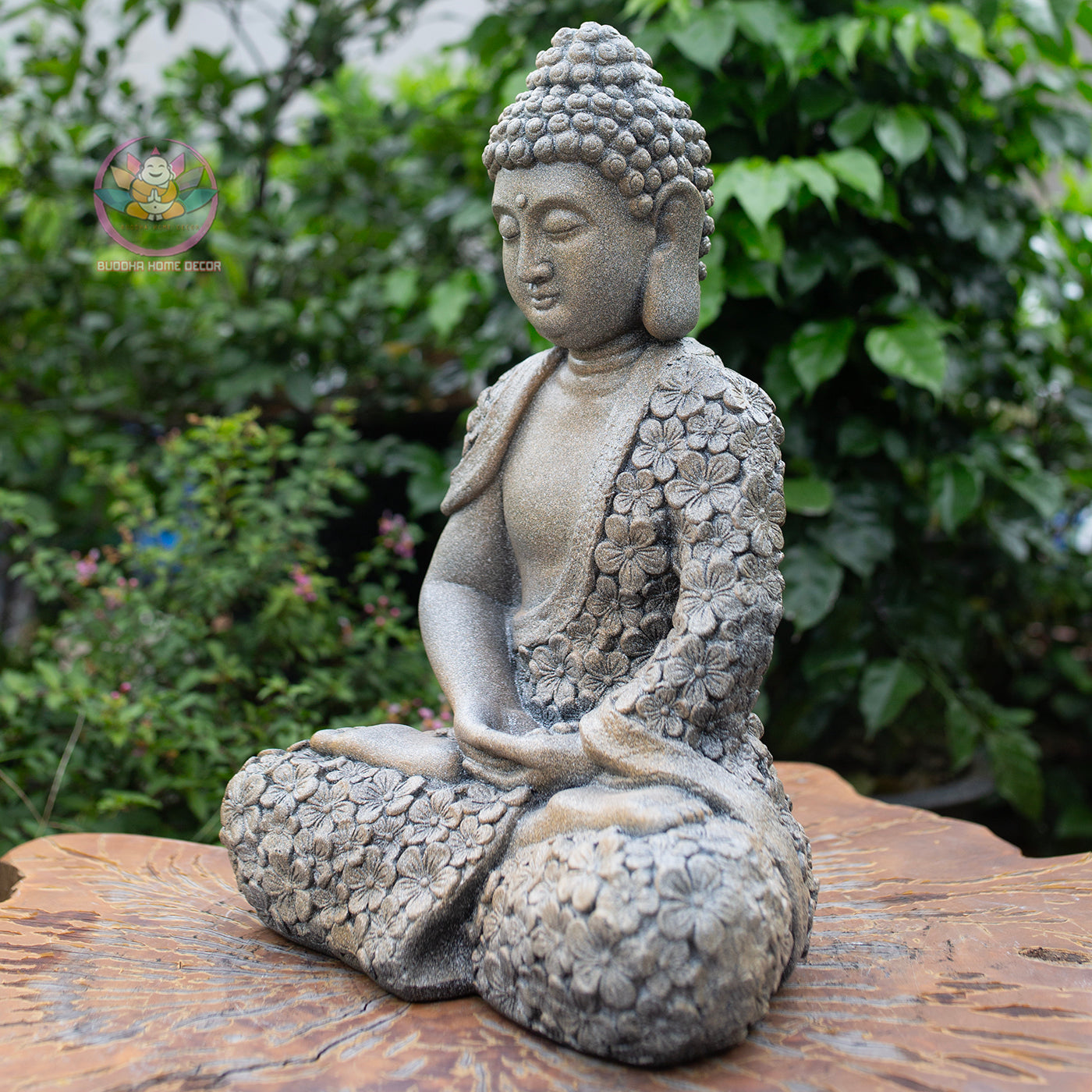 Meditating Buddha Statue 16.9" – Antique Stone Finish Floral Robe Buddha Sculpture