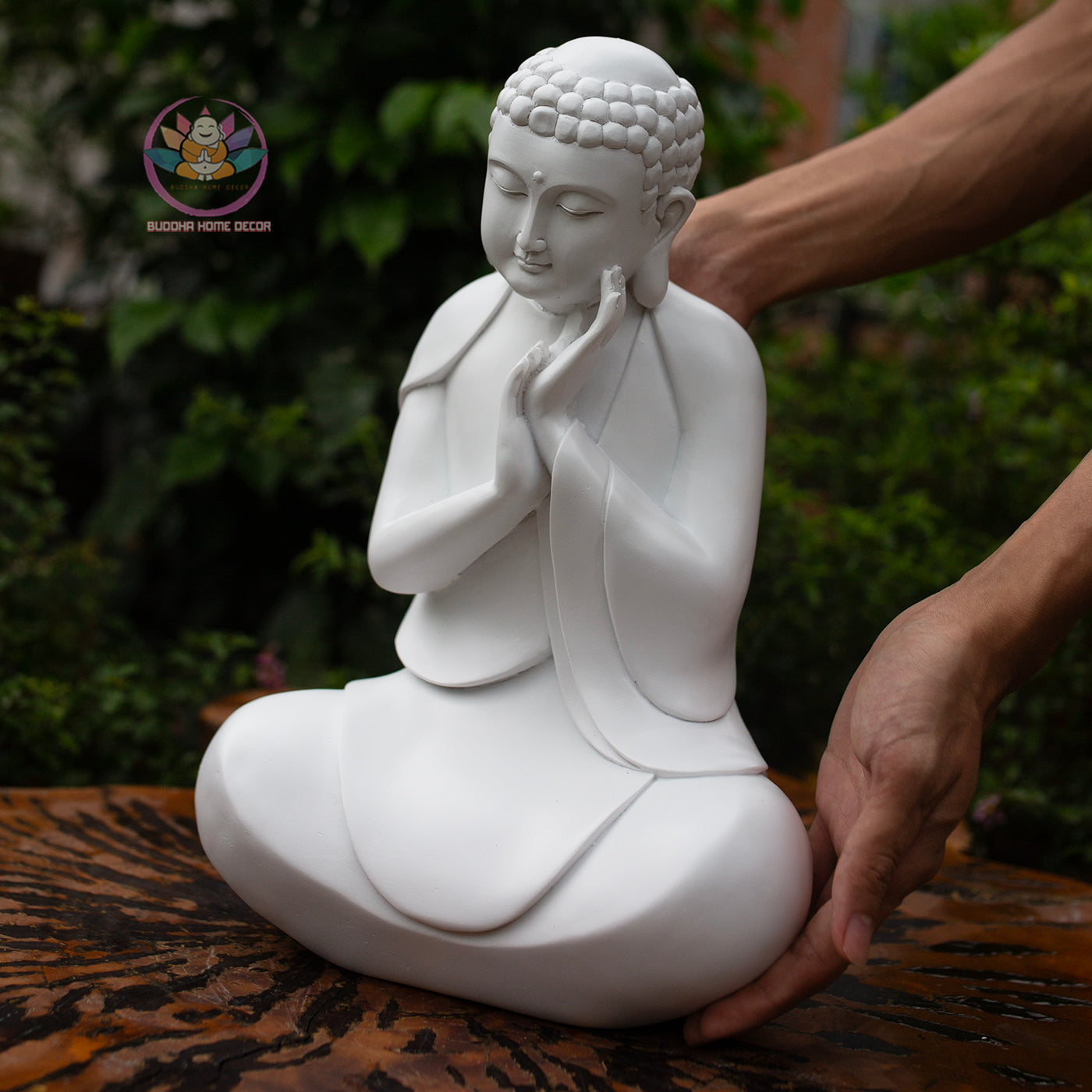 Resting Buddha Statue 13.8" – Red Wood Finish Peaceful Meditating Buddha Sculpture