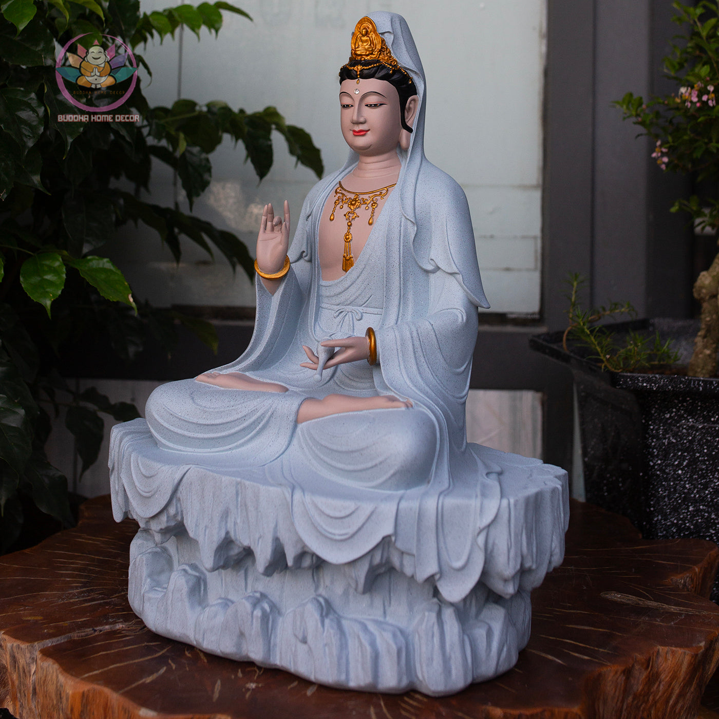 Guanyin Bodhisattva Statue 17.7" – Large Resin Kwan Yin Sitting on Rock Pedestal, Goddess of Mercy Sculpture, Zen Buddhist Altar Decor