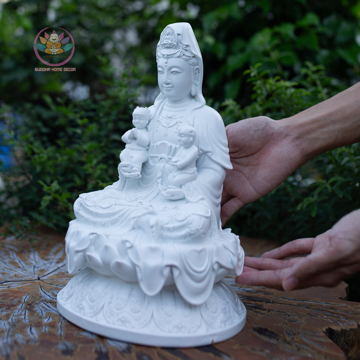 Quan Yin with Children Statue 11.8" | Composite Resin and Stone Powder | White Finish Guanyin Bodhisattva