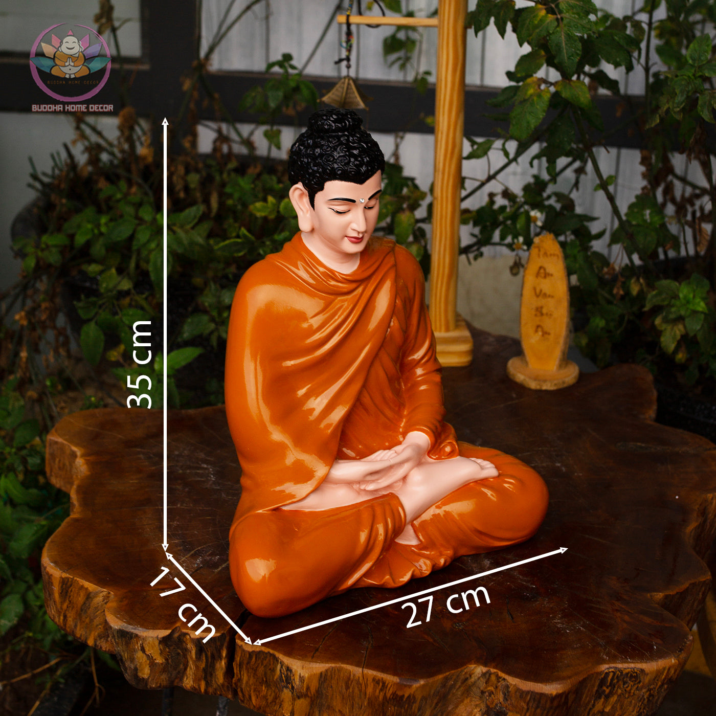Shakyamuni Buddha Statue – 13.7" Meditation Figure in Orange Robe | Handcrafted Resin Sculpture for Altar & Zen Space