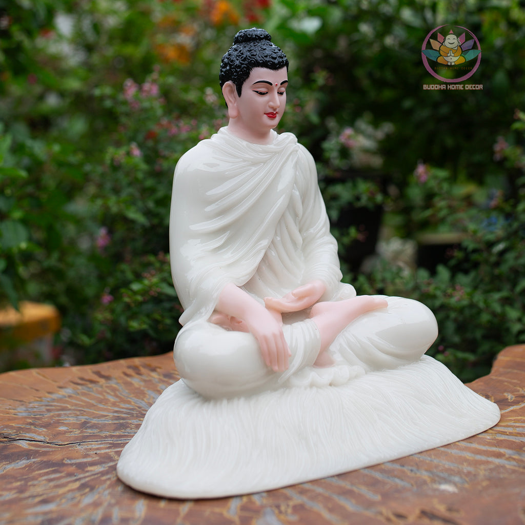 Shakyamuni Buddha Statue 11.8" – Glossy White Resin Meditation Figurine, Seated Buddhist Sculpture for Zen Home Altar, Yoga Studio Decor
