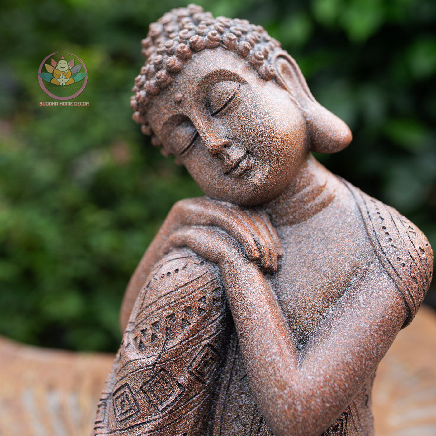 Resting Buddha Statue 9.8" – Red Stone Finish Sleeping Buddha for Home & Garden Decor