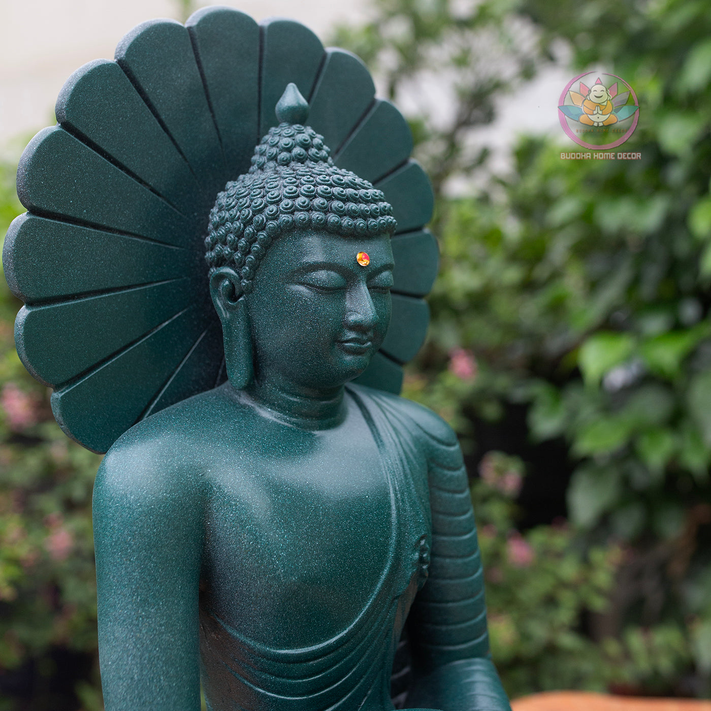 Thai Buddha Statue 15.3" – Composite Seated Buddha with Lotus Bowl and Halo, Antique Green Finish Meditation Sculpture