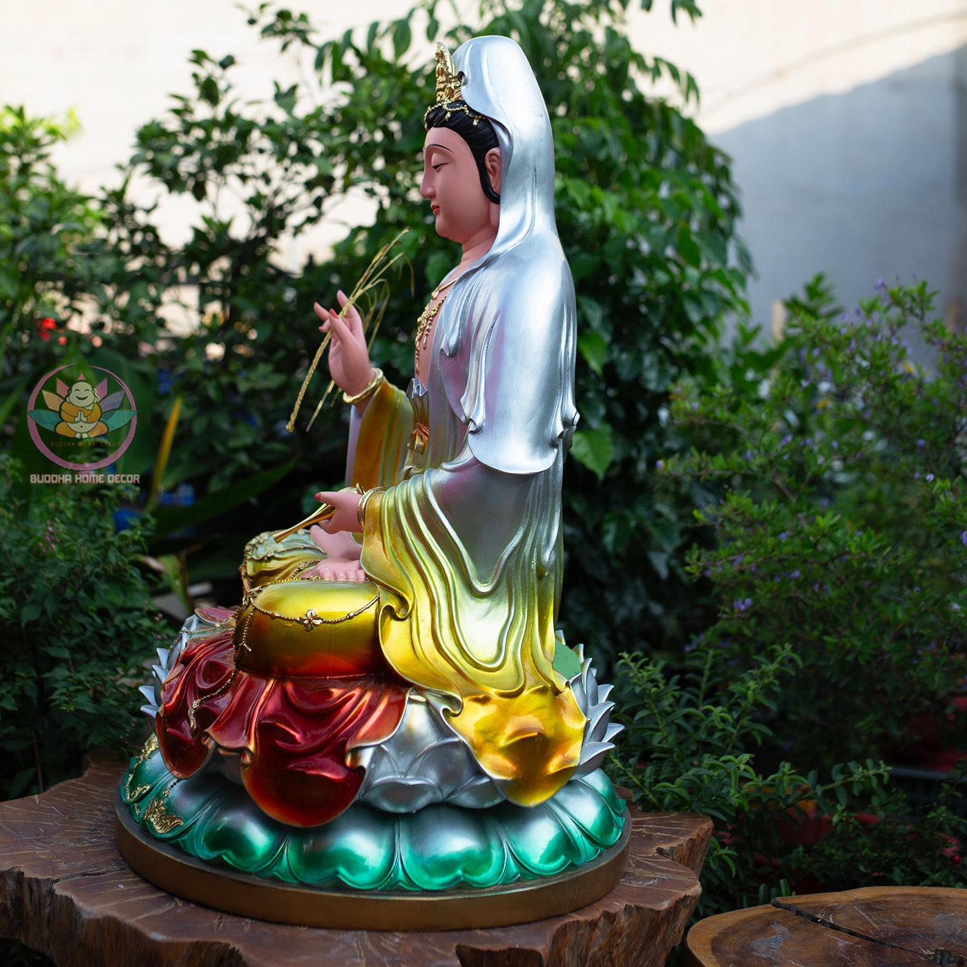 Multi-Color Quan Yin Statue 19.7" | Composite Resin and Stone Powder | Hand-Painted Guanyin Bodhisattva on Lotus Base | Buddhist Altar Decor