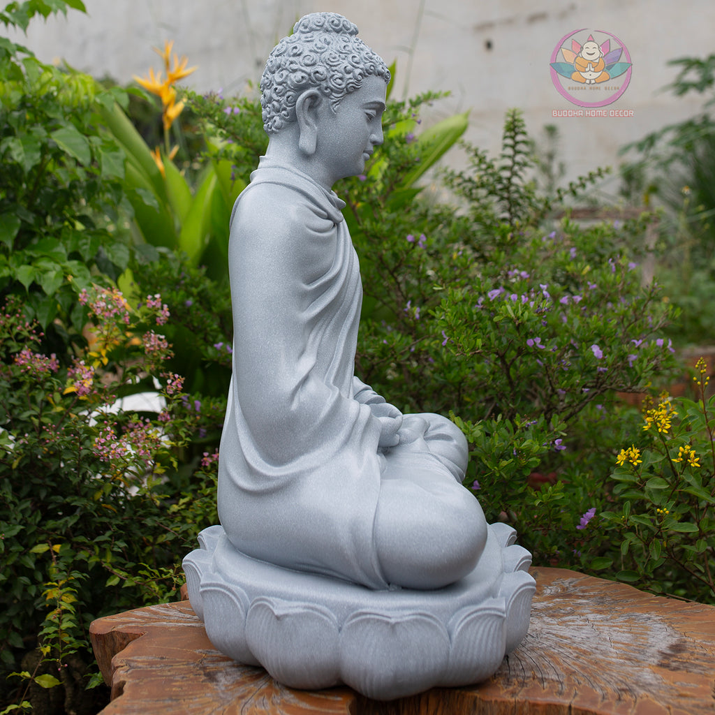 Shakyamuni Buddha Statue 23.6" | Composite Resin and Stone Powder | Grey Stone Finish | Seated Meditation Buddha on Lotus Pedestal