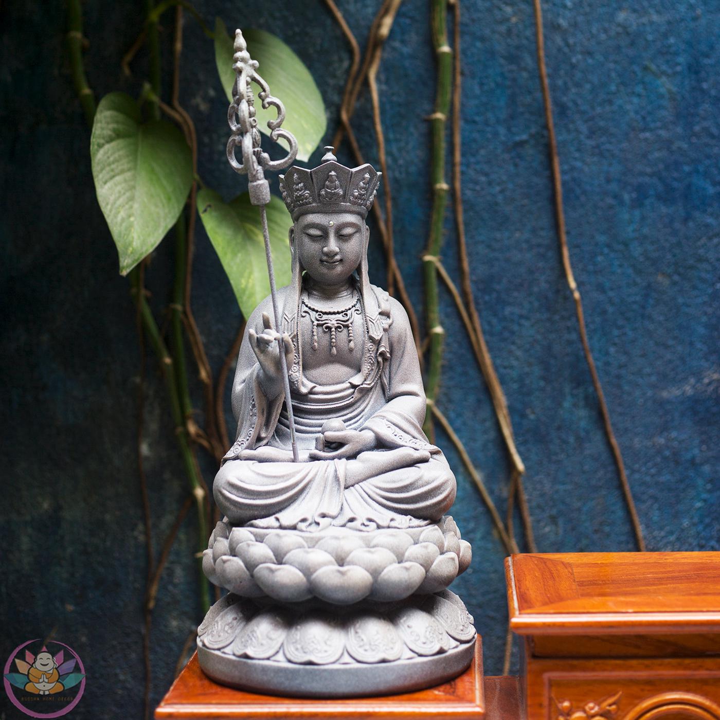 11.8 inches Ksitigarbha Bodhisattva Statue – Seated on Lotus, Stone-Finished, Buddhist Home Decor, Dharma Protector Sculpture