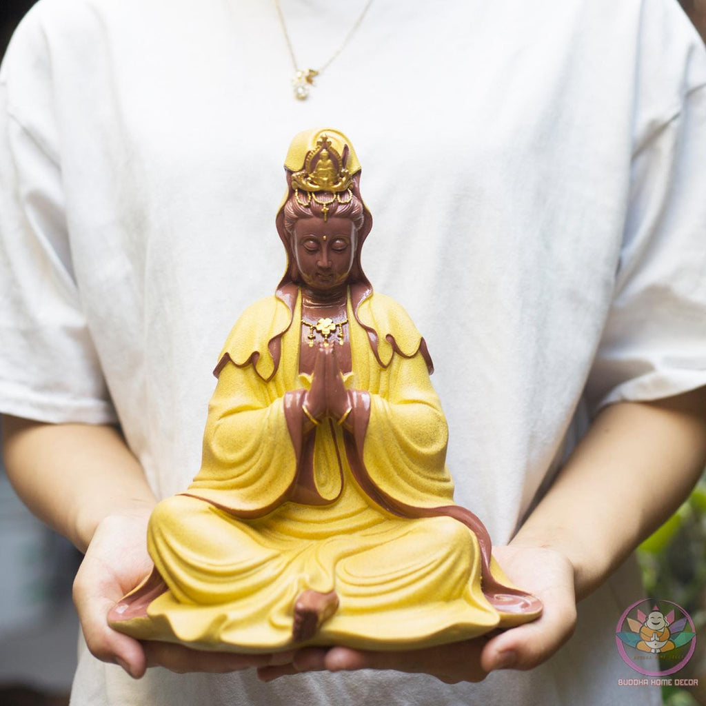 Seated Kwan Yin Statue with Praying Hands – Grey Stone Finish Guan Yin, 9.8 inches Handmade Resin Sculpture for Peace & Home Decor