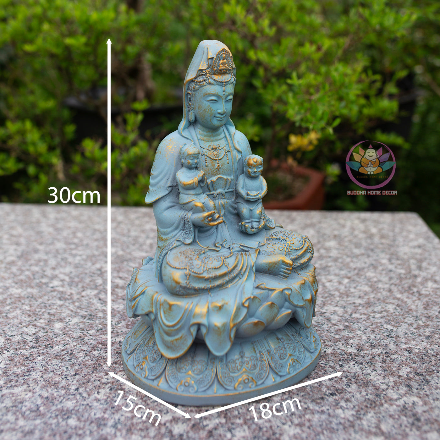 Quan Yin with Children Statue 11.8" | Composite Resin and Stone Powder | Blue Finish Guanyin Bodhisattva