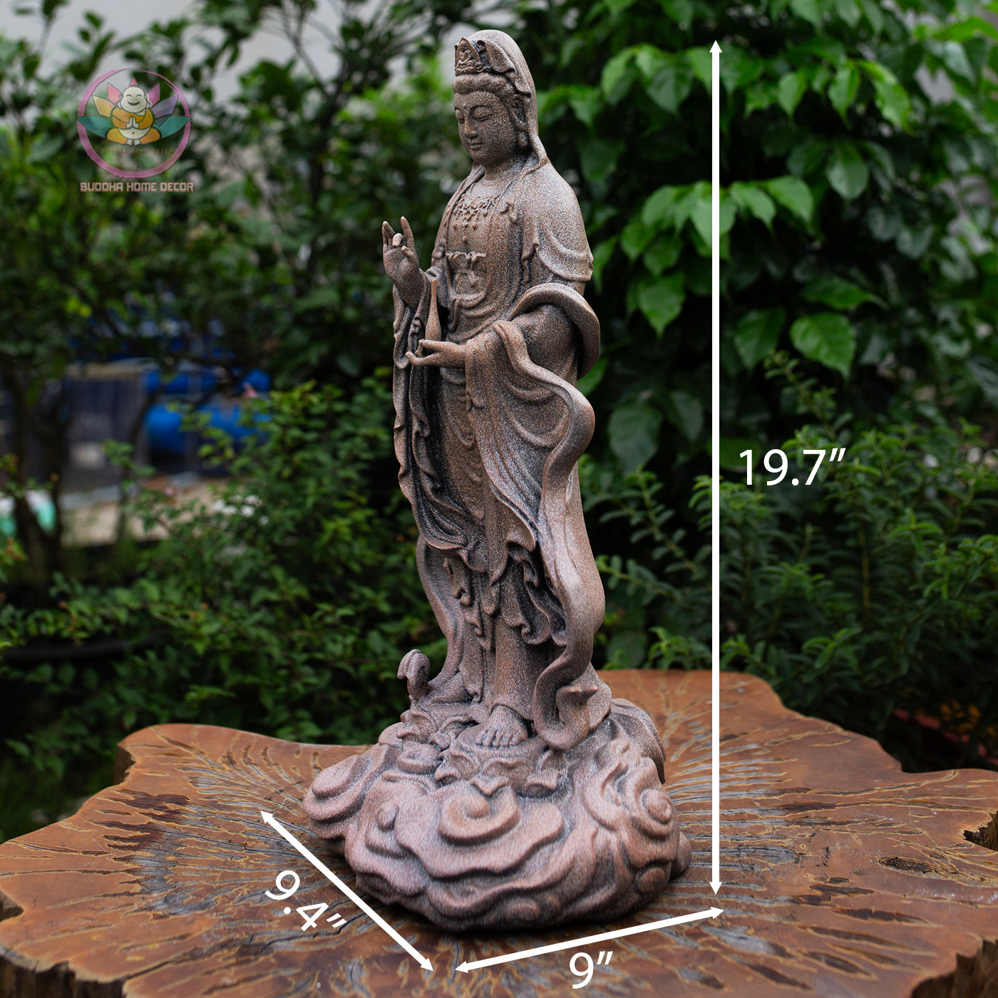 Guanyin Bodhisattva Statue 19.7" – Antique Stone Finish Standing Kwan Yin on Cloud Base