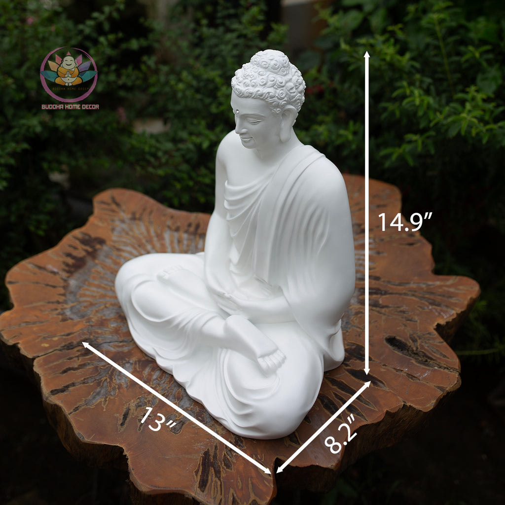 White Shakyamuni Buddha Statue – 37cm Resin Stone Sculpture | Meditating Buddha Figurine