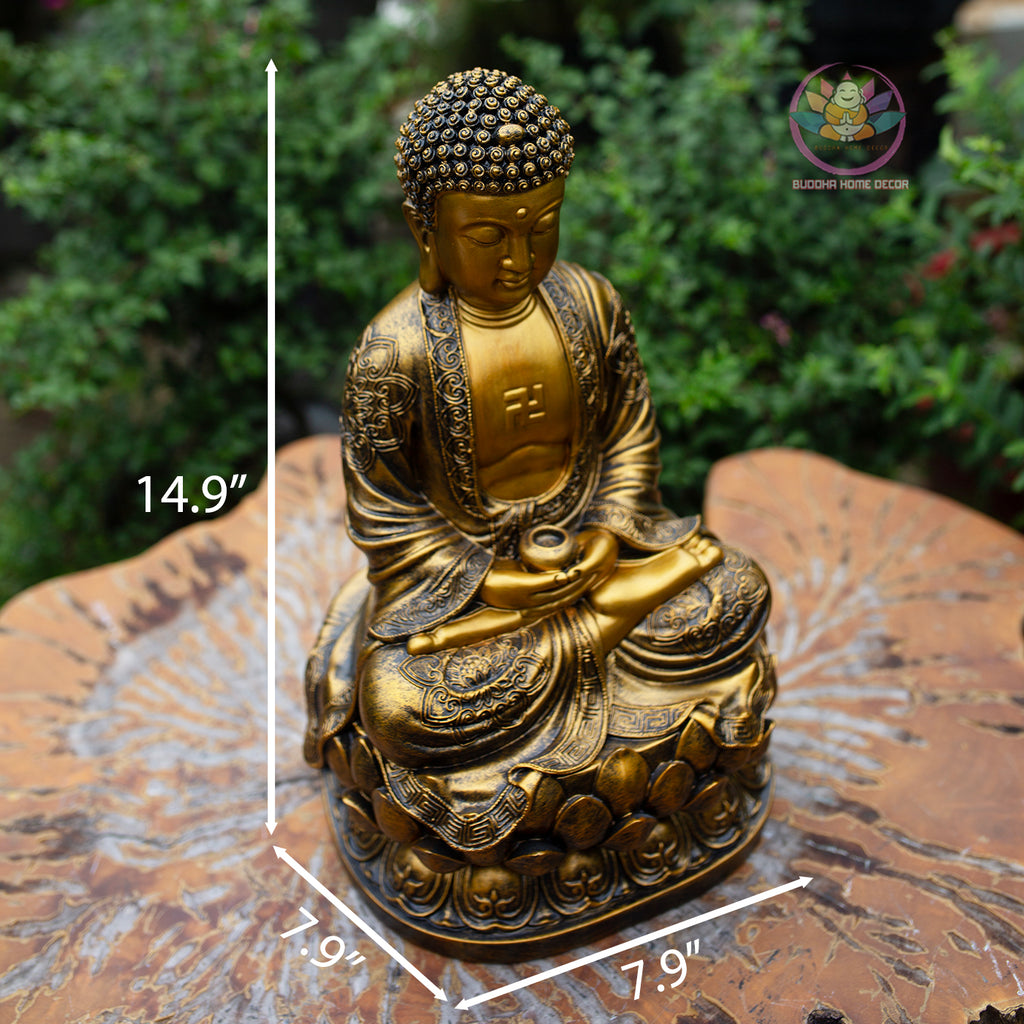 Golden Amitabha Buddha Statue – 14.9" Resin & Stone Sculpture | Meditating Buddha on Lotus Base