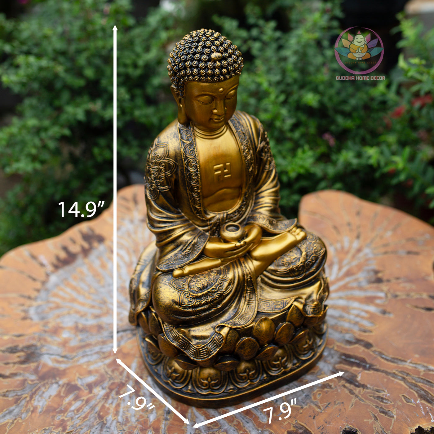Golden Amitabha Buddha Statue – 14.9" Resin & Stone Sculpture | Meditating Buddha on Lotus Base