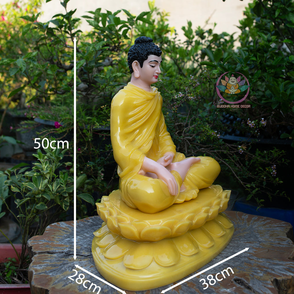 Shakyamuni Buddha Statue on 2-Layer Lotus Base – 50cm | Yellow Quartz Finish | Meditation Buddha | Spiritual Home Decor