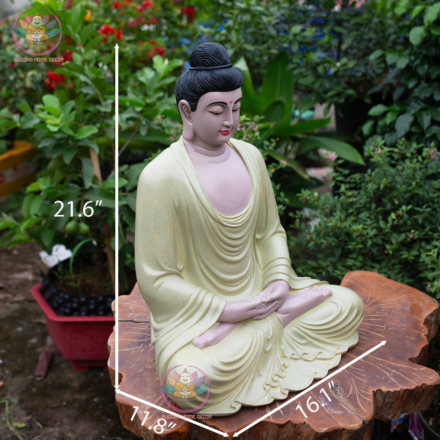Ivory Yellow Buddha Statue – 21.7" (55cm) Shakyamuni in Meditation | Matte Resin Finish | Handcrafted Vietnamese Buddhist Sculpture