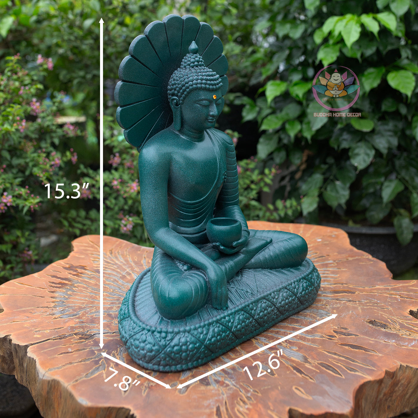 Thai Buddha Statue 15.3" – Composite Seated Buddha with Lotus Bowl and Halo, Antique Green Finish Meditation Sculpture