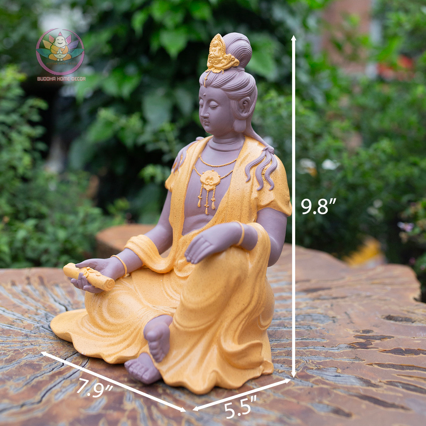 Guanyin Bodhisattva Statue 9.8" – Resin & Stone Powder Seated Kwan Yin in Golden Jade Finish