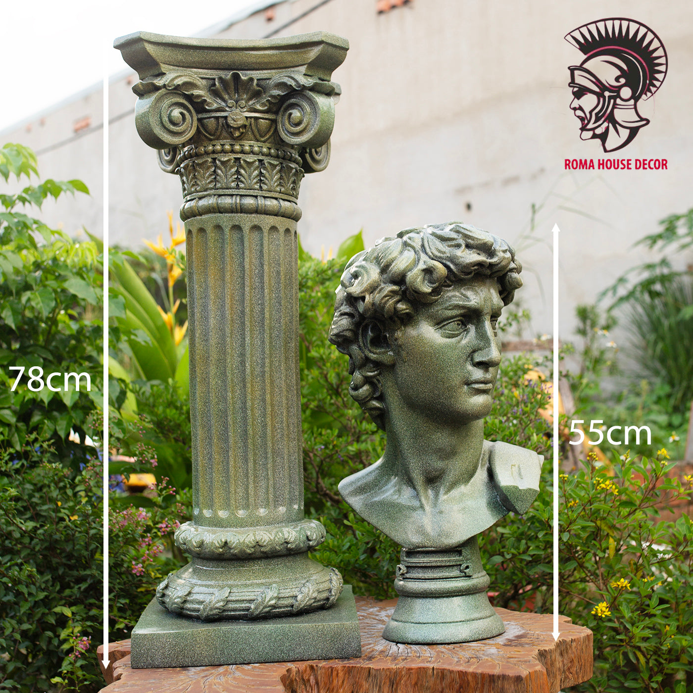 Greek David Bust with Corinthian Column – Classic Roman Style Decor Set, Green Stone Finish (21.6" & 30.7")