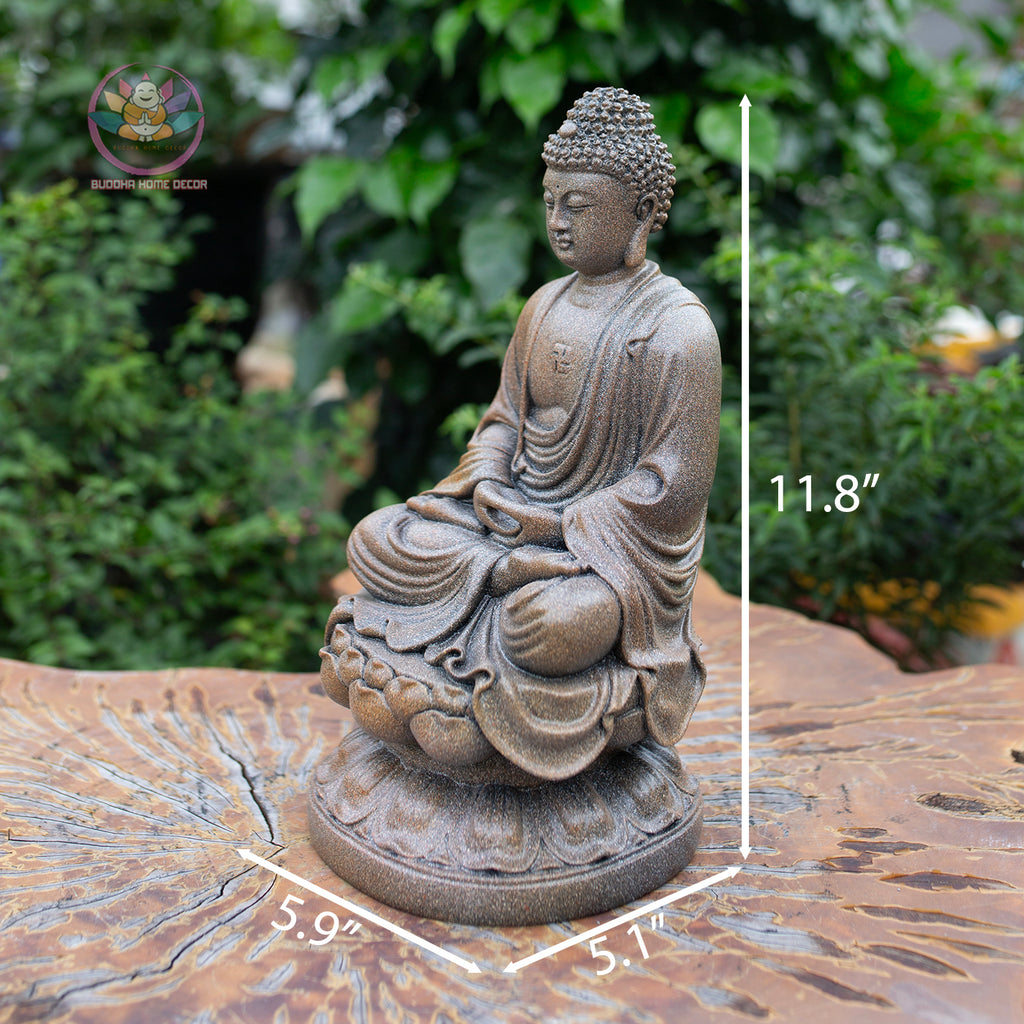 Amitabha Buddha Statue 11.8" – Antique Stone Finish Seated Amida Buddha on Lotus Pedestal