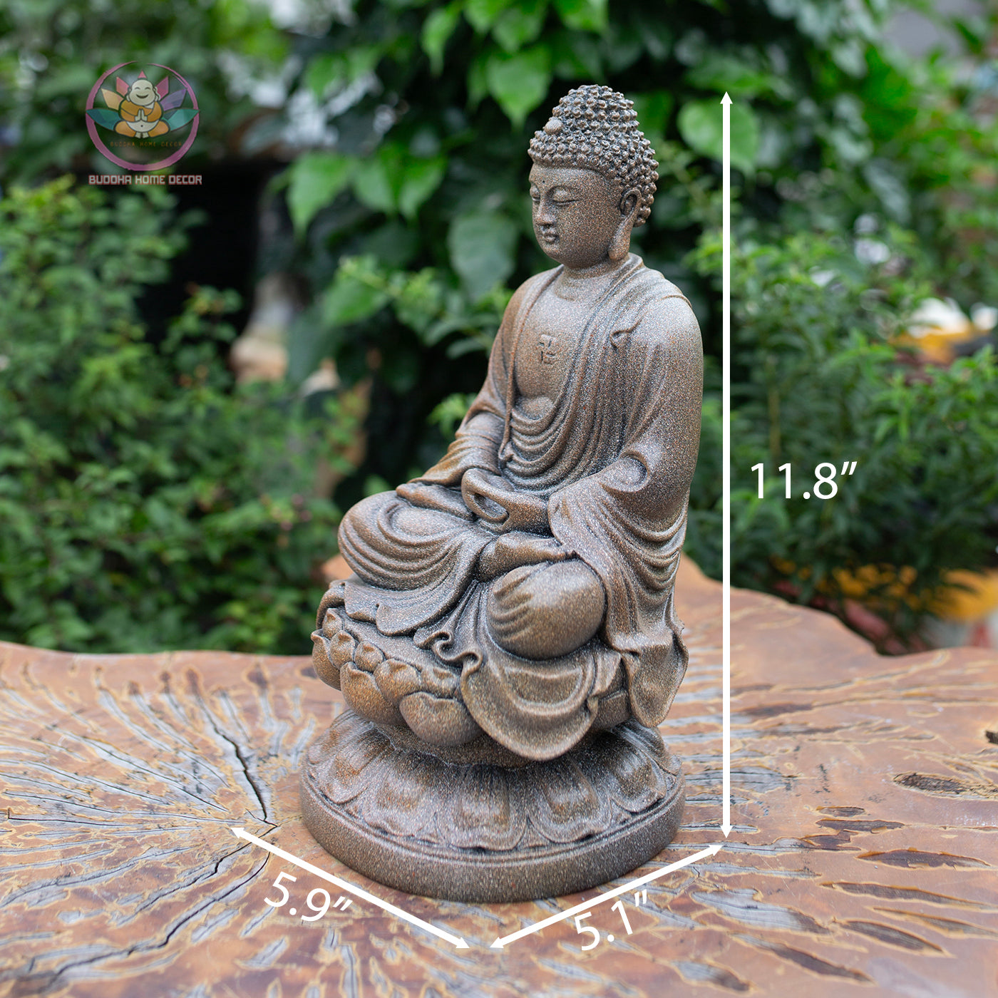 Amitabha Buddha Statue 11.8" – Antique Stone Finish Seated Amida Buddha on Lotus Pedestal