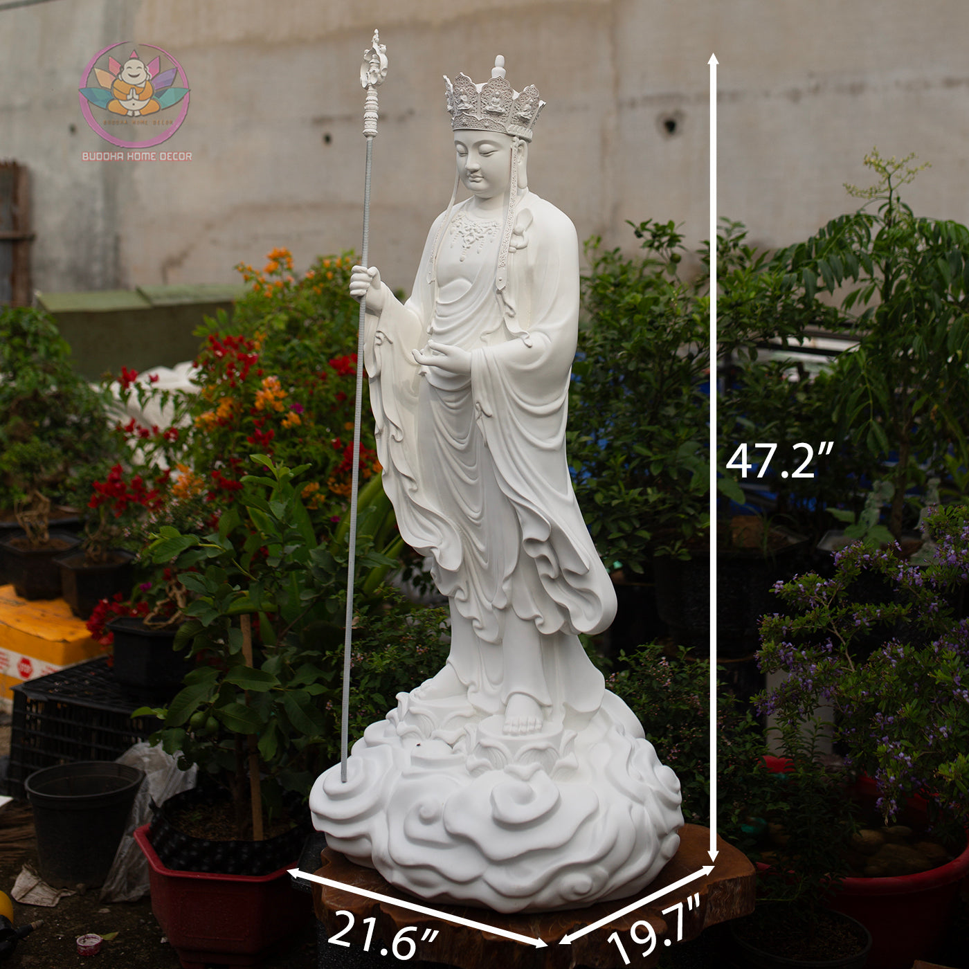 Ksitigarbha Bodhisattva Statue 47" – Large White Resin Jizo Buddhist Sculpture, Standing Dia Tang Bo Tat Figure, Zen Altar Garden Decor