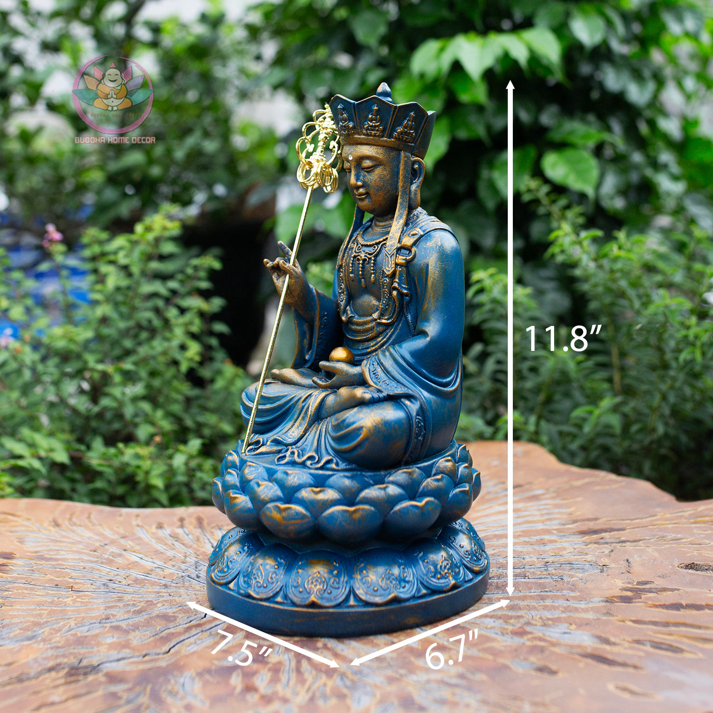 Ksitigarbha Bodhisattva Statue 11.8" – Blue Gold Finish Jizo on Lotus Pedestal