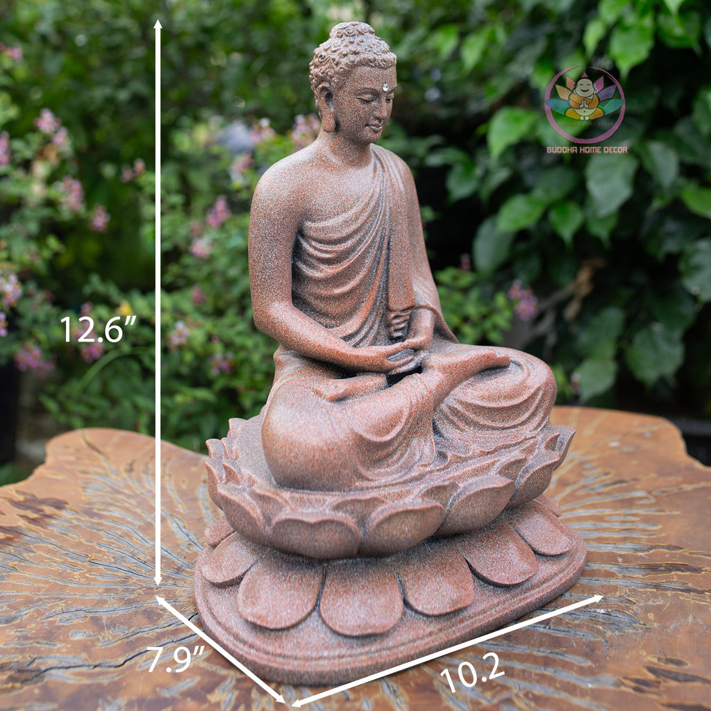 Shakyamuni Buddha Statue 12.6" – Antique Stone Finish Seated Buddha on Lotus Pedestal