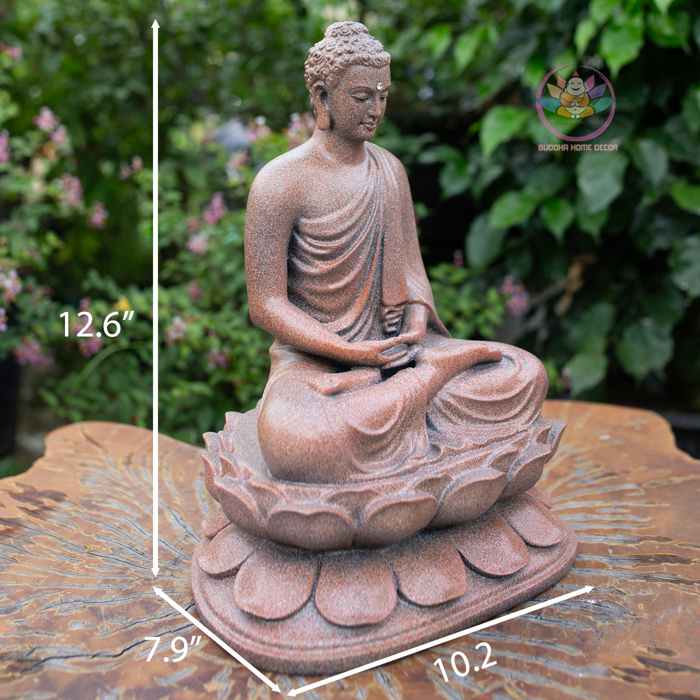 Shakyamuni Buddha Statue 12.6" – Antique Stone Finish Seated Buddha on Lotus Pedestal