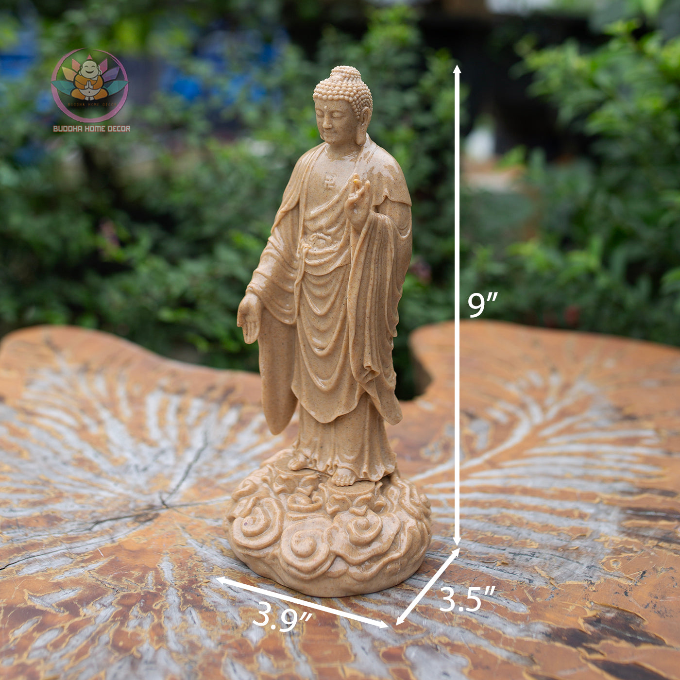 Amitabha Buddha Statue – 9" Standing Buddha on Lotus Base | Resin Stone Finish