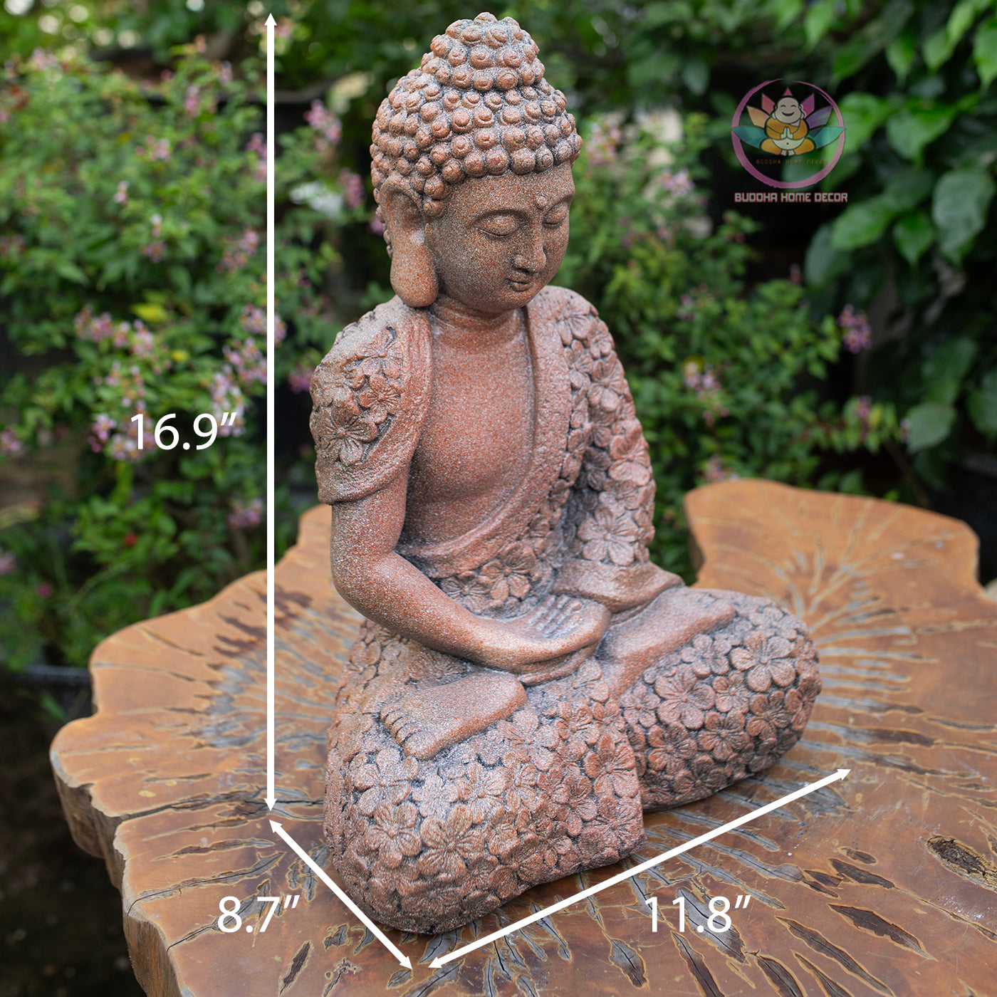 Floral Robe Seated Buddha 16.9" – Meditating Buddha Statue for Home & Garden Decor
