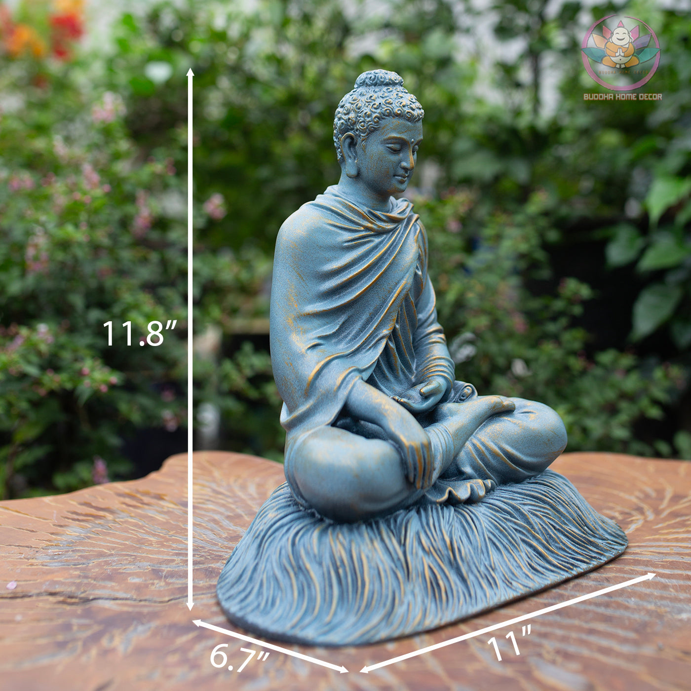 Shakyamuni Buddha Statue 11.8" – Antique Bronze Blue Resin Meditation Sculpture, Seated Buddhist Figurine, Zen Home Altar Spiritual Decor