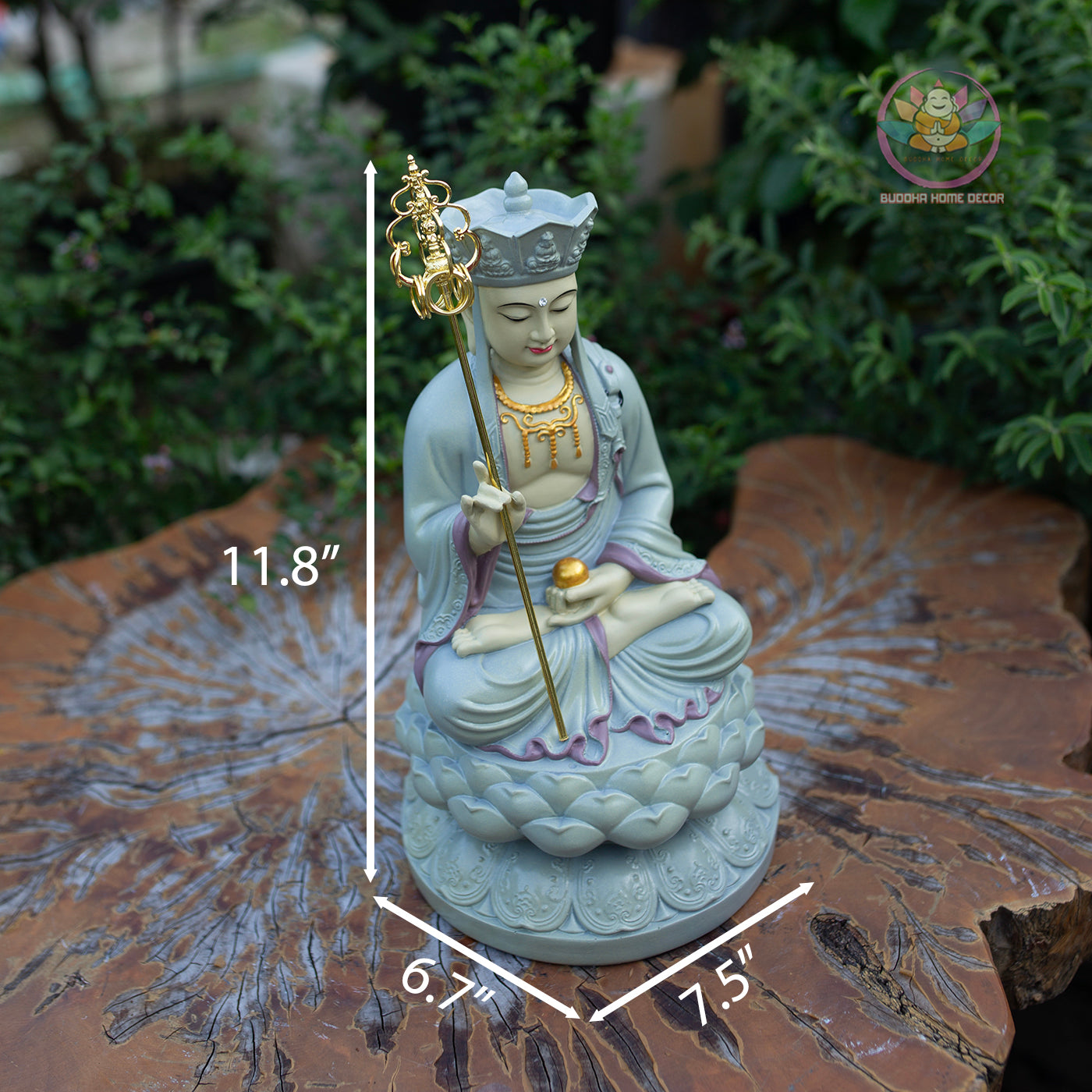 Ksitigarbha Bodhisattva Statue 11.8" | Pastel Grey Finish with Gold Details | Buddhist Altar and Meditation Decor