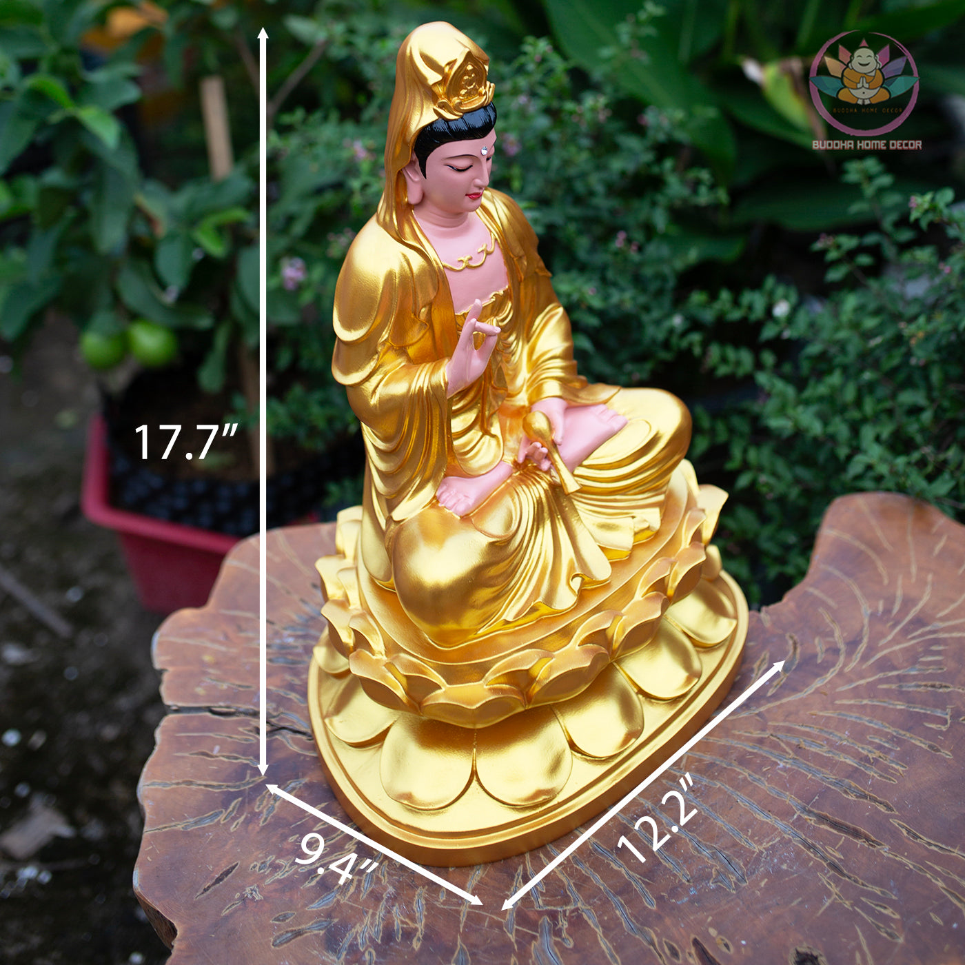 Golden Quan Yin Statue – Large Guanyin Goddess of Mercy on Lotus, Buddhist Altar & Meditation Room Decor (17.7”H x 12.2”W x 9.4”D)