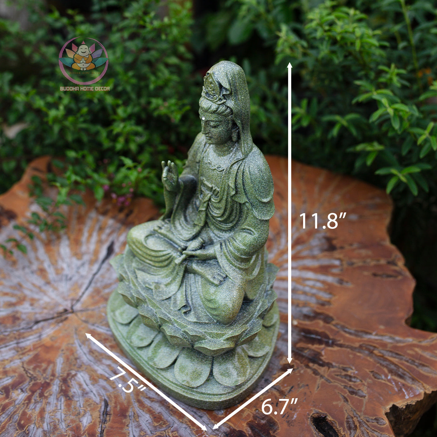 Quan Yin Bodhisattva Statue 11.8" | Green Stone Finish | Seated Guanyin on Lotus Pedestal