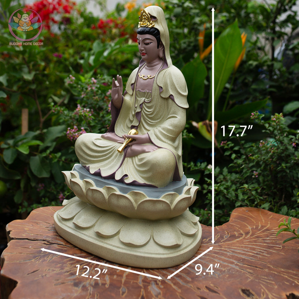 Large Quan Yin Statue on Lotus – Buddhist Goddess of Mercy, Guanyin Figurine for Home Altar & Meditation Decor (17.7”H x 12.2”W x 9.4”D)
