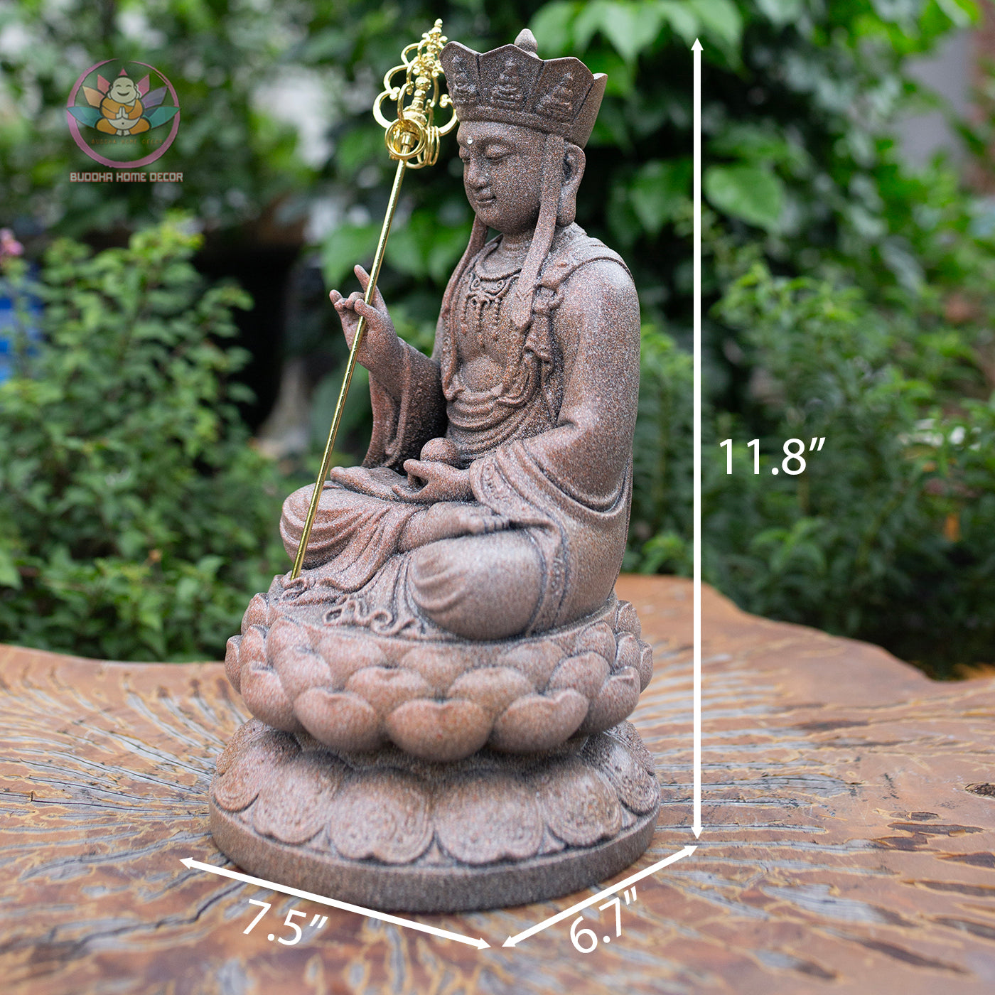 Ksitigarbha Bodhisattva Statue 11.8" – Antique Stone Finish Jizo with Lotus Pedestal